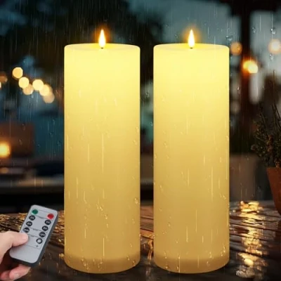 Abbildung von Ketom 2 Stück 10cm x H30cm LED Kerzen mit Timerfunktion, Outdoor Groß, Wasserdichte Flammenlose Batterie Scheinkerze Fernbedienung für Camping, Home Deco(Elfenbein, Ohne Batterien)