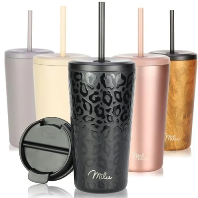 Abbildung von Milu Thermobecher 300ml, 400ml, 500ml 100% Auslaufsicher Edelstahl Kaffeebecher to go isoliert mit Strohhalm hält 10h heiß / 20h kalt, BPA frei (Black Leopard, 500ml)