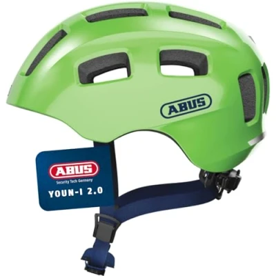 Abbildung von ABUS Fahrradhelm Youn I 2.0 mit Licht für Kinder, Jugendliche und junge Erwachsene Mädels Jungs Grün (funkelnd), Größe M