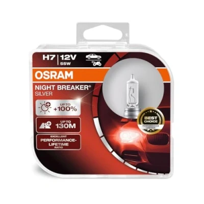 Abbildung von Osram Night Breaker Silver H7, +100% mehr Helligkeit, Halogen Scheinwerferlampe, 64210NBS HCB, 12V Pkw, Duo Box (2 Lampen)