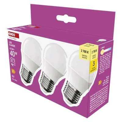 Abbildung von EMOS LED Lampe Mini Globe 3er Pack, 4,2W Ersatz für 40W Glühbirne, kleine Birne mit E27 Sockel, Helligkeit 470 lm, Warmweiß 2700 K, 30000 h Lebensdauer, CRI min. 80, 150 Abstrahlwinkel