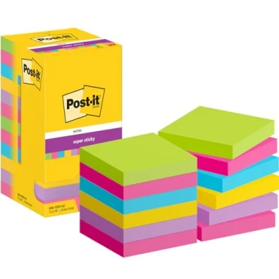 Abbildung von Post it Super Sticky Notes, Farbig, Vorteilspackung mit 12 Blöcken, 90 Blatt pro Block, 76 mm x Extra stark klebende Notizzettel