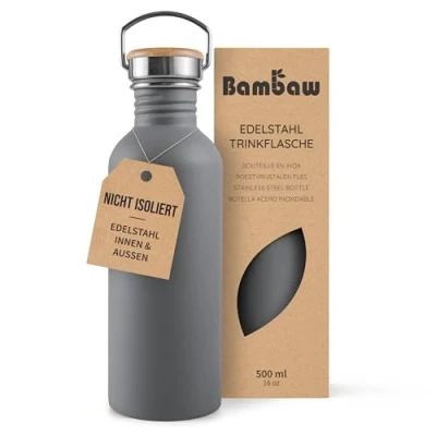 Abbildung von Bambaw Trinkflasche Metall 500ml, Nicht isolierte Wasserflasche Grau, Kinder Edelstahl, Flasche Spülmaschinenfest Anthrazit