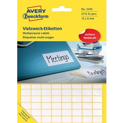 Abbildung von Avery Zweckform 3306 Haushaltsetiketten selbstklebend (13x8mm, 3.712 Aufkleber auf 29 Bogen, Vielzweck Etiketten für Haushalt, Schule und Büro zum Beschriften Kennzeichnen) blanko, weiß