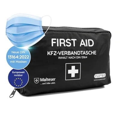 Abbildung von KFZ Verbandtasche 2024 [EUROPAWEIT GÜLTIG] gemäß StVZO aktuelle DIN 13164:2022 ZERTIFIZIERT inkl. 2 med. Gesichtsmasken Erste Hilfe Set/Kasten/Verbandskasten Auto/PKW/Motorrad Schwarz
