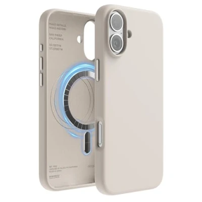 Abbildung von elago Magnetisch Silikon Hülle Kompatibel mit iPhone 16 Plus 6,7 Zoll, Allen MagSafe Zubehör Eingebaute Magnete, Soft Grip Silikon, Stoßfest (Taupe)