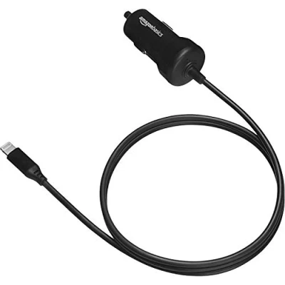 Abbildung von Amazon Basics Kfz Ladegerät mit Lightning Anschluss, Gerade Kabel, 5 V, 2,4 A, 0,91 m, Schwarz