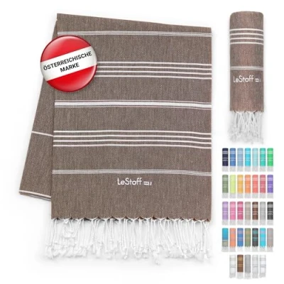 Abbildung von LeStoff Premium Hamamtuch 100% Bio Baumwolle Vorgewaschen, Nachhaltig, Saugstark &amp; Schnelltrocknend Strand, Bade, Dusch, Yoga, Spa Reise Tuch (95 x 180 cm, Brown)