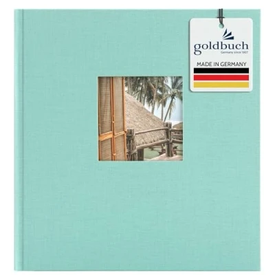 Abbildung von goldbuch 24887 Fotoalbum mit Fensterausschnitt, Bella Vista, Erinnerungsalbum 25 x cm, Foto Album 60 weiße Seiten Pergamin Trennblättern, Fotobuch aus Leinen, Aqua
