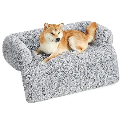 Abbildung von Feandrea FluffyHug Hundebett Plüsch, Hundedecke Sofa, Sofaschutz Hund, Hundekissen, Größe XL, für mittelgroße und große Hunde, 110 x 95 18 cm, Ombré Grau PGW223G01