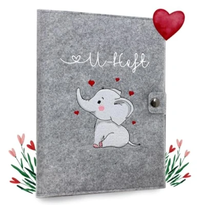 Abbildung von cozy racoon U Heft und Impfpasshülle aus Filz 3 teiliges Set Hochwertige Hülle für Untersuchungsheft, Impfpass Versichertenkarte Deines Kindes Design Elefant