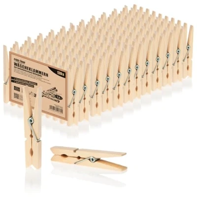 Abbildung von com four® 120x Wäscheklammern aus Holz Nachhaltige Holzklammern Birkenholz unbehandelte Holzwäscheklammern zum Wäscheaufhängen und Basteln (120 Stück Birke)