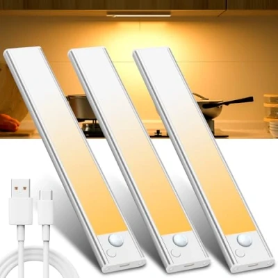 Abbildung von Unterbauleuchte Küche Led Schrankbeleuchtung Bewegungsmelder Warmweiß 3 Stück 20 CM Licht USB Aufladbar Innen Batterie Schrank Leiste Lampe für Kleiderschrank Unterschrank Küchen