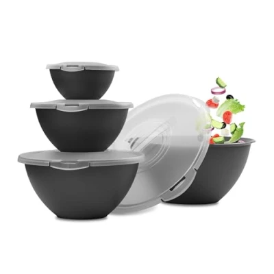 Abbildung von Hausfelder Salatschüssel Set groß mit Deckel, Schüsselset 0,7 6 L in Anthrazit Schwarz, große Schüsseln aus Kunststoff BPA frei