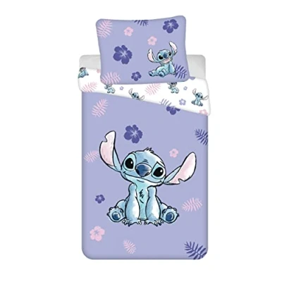 Abbildung von Jerry Fabrics Kinder Bettwäsche Wendebettwäsche Lilo und Stitch mit Blumen lila, Bettdeckenbezug 140x200 cm, Kopflkissenbezug 70x90 100% Baumwolle