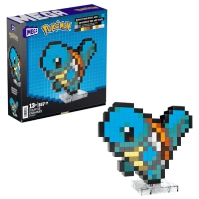 Abbildung von MEGA Pokémon Schiggy zusammenbaubare Figur im Retro Look, Pixel Art, 15 cm groß, inklusive Basis zur Wandmontage, für Erwachsene und erfahrene Sammler, HTH77