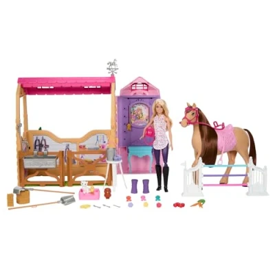Abbildung von Barbie Spielzeugstall Spielset mit Puppe, Pferd und Zubehör, mehr als 25 Teile 6 Spielbereichen, inspiriert von Mysteries: Das geheimnisvolle Pferdeabenteuer“, JDN43