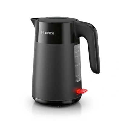 Abbildung von Bosch kabelloser Wasserkocher MyMoment TWK2M163, Abschaltautomatik, Überhitzungsschutz, Tassenanzeige, entnehmbarer Kalkfilter, Trockengehschutz, Dampfstopp Automatik, 1,7 L, 2400 W, Schwarz matt