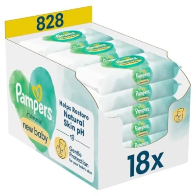 Abbildung von Pampers Harmonie New Baby Feuchttücher 18 Packungen mit jeweils 46 Feuchttüchern = 828 Feuchttücher, die helfen, den natürlichen pH Wert der Haut wiederherzustellen