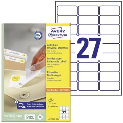 Abbildung von AVERY Zweckform L4737REV 100 Universal Etiketten (2.700 Klebeetiketten, 63,5x29,6mm auf A4, wieder rückstandsfrei ablösbar/abziehbar, individuell bedruckbare, selbstklebende Aufkleber) Blatt, weiß