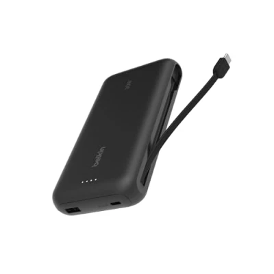 Abbildung von Belkin Portable Powerbank zum Schnellladen mit integriertem Kabel 20K PD 30 W, USB C Power Delivery, Akkupack für die iPhone 16 Serie, iPad Pro, Galaxy S25 Serie usw., Schwarz