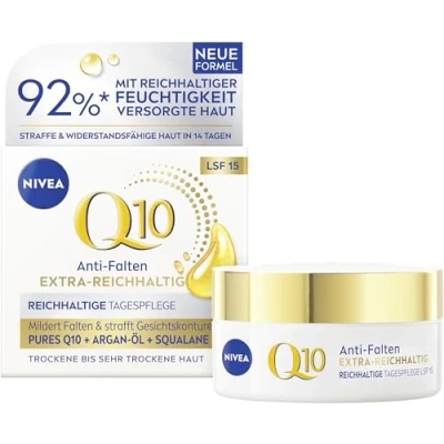 Abbildung von NIVEA Q10 Gesichtscreme mit LSF 15, straffende Gesichtspflege Q10, Bio Argan Öl und Squalan, Tagescreme für sehr trockene Haut, Anti Falten EXTRA REICHHALTIG Reichhaltige Tagespflege (50 ml)