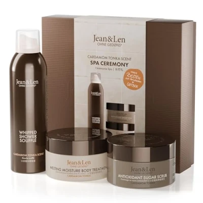 Abbildung von Jean &amp; Len Spa Ceremony Giftbox Cardamom Tonka, hochwertige Geschenkbox mit 3 hochwertigen Produkten, Produkte für Körper und Geist, Verpackung ist FSC zertifiziert, veganes Geschenkset
