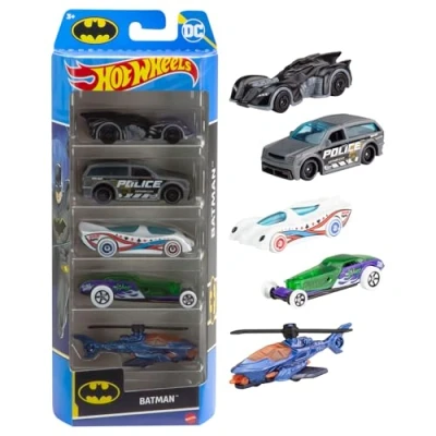 Abbildung von Hot Wheels Spielzeugautos im Maßstab 1:64, fünf teiliges Set von Fahrzeugen Batman Stil, HXD61