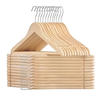 Abbildung von SONGMICS Kleiderbügel Holz, 24er Set Bügel, Holzbügel, Einkerbungen im Schulterbereich, Hosensteg, Hosenbügel, 360 drehbarer Haken, für Jacken Hemden Mäntel, naturbeige CRW010N24
