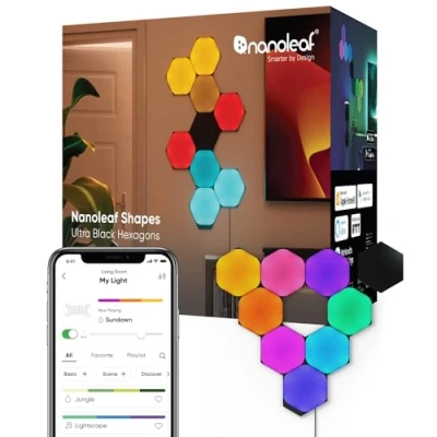 Abbildung von Nanoleaf Shapes Ultra Black Hexagon Starter Kit, 9 Smarten LED Panels RGBW Modulare WLAN 16 Mio. Farben Wandleuchte Innen, Musik &amp; Bildschirm Sync, Funktioniert mit Alexa Google Apple
