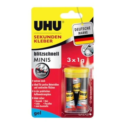 Abbildung von UHU Sekundenkleber blitzschnell MINIS Gel Super schneller und extrem starker Gelkleber in praktischen Mini Tuben 3 x 1 g