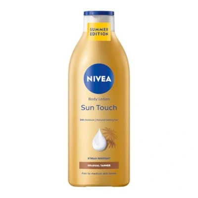 Abbildung von NIVEA Sun Touch Body Lotion (400 ml), Pflegelotion mit sanftem Bräunungseffekt ohne Streifen, feuchtigkeitsspendende Körpercreme Ginkgo Extrakt und Traubenkernöl