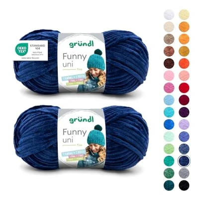 Abbildung von Gründl Wolle Funny uni weiche Chenille zum Häkeln Chenillegarn aus 100% Polyester, 2 Knäuel (100 g/ 120 m, Nadelstärke: 5 6) Navy