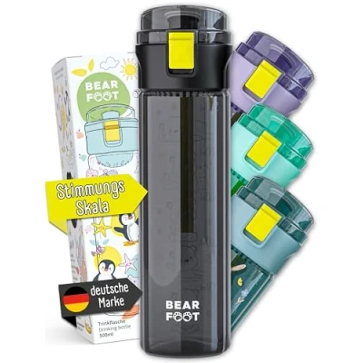 Abbildung von BEARFOOT Trinkflasche Kinder auslaufsicher, 500ml, leichte Tritan Wasserflasche, BPA frei, Kohlensäure geeignet, spülmaschinenfest für Jungen, Mädchen, Kleinkind (Logo schwarz, 500ml)