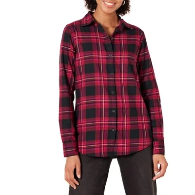 Abbildung von Amazon Essentials Damen Langärmliges leichtes Kariertes Flanellhemd in klassischer Passform, Schwarz Rosa Schottenkaros Chelsea, M