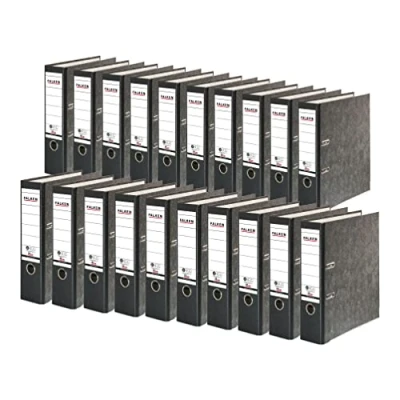 Abbildung von Original Falken 20er Pack Recycling Ordner Wolkenmarmor. Made in Germany. 8 cm breit DIN A4 schwarzer Rücken Ringordner Aktenordner Briefordner Büroordner Pappordner CO2 Neutral Blauer Engel