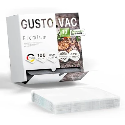 Abbildung von GustoVac Premium Vakuumbeutel, 100 Stk. 16x25cm Profi Folienbeutel, Vakuumierbeutel für Vakuumierer, Kochfest &amp; Sous Vide Gefrierbeutel, Lebensmittel Vakuumiergerät, Made in Germany, BPA frei