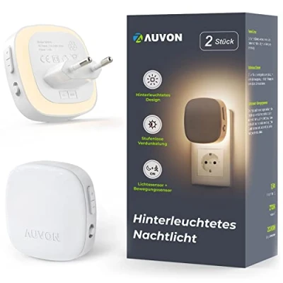 Abbildung von AUVON Nachtlicht Steckdose mit Bewegungssensor und Dämmerungssensor, 2 Stück Warmweißes LED hinterleuchtete 1 50 lm, Helligkeit Einstellbar für Flur, Treppe, Schlafzimmer