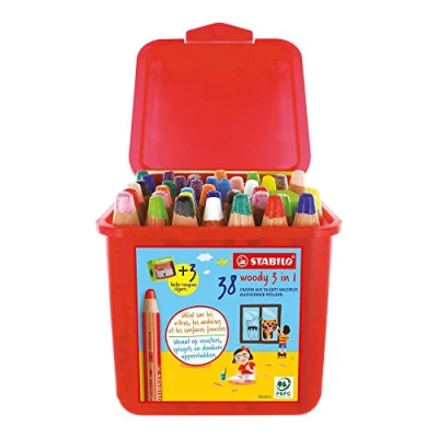 Abbildung von Buntstift, Wasserfarbe &amp; Wachsmalkreide STABILO woody 3 in 1 38er Box und Spitzer mit 13 verschiedenen Farben