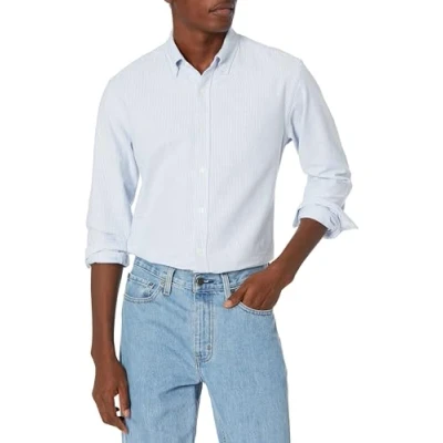 Abbildung von Amazon Essentials Herren Langärmliges Oxford Hemd mit normaler Passform, Blau Streifen, L