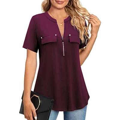 Abbildung von Amrto Damen V Ausschnitt Shirt Kurzarm T Casual Bluse mit Reißverschluss Tunika Tops, Wein L
