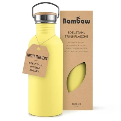 Abbildung von Bambaw Metall Trinkflasche 1l, Nicht isolierte Gelb, Auslaufsichere BPA Frei, 1 Liter Spülmaschinenfest Sonnengelb
