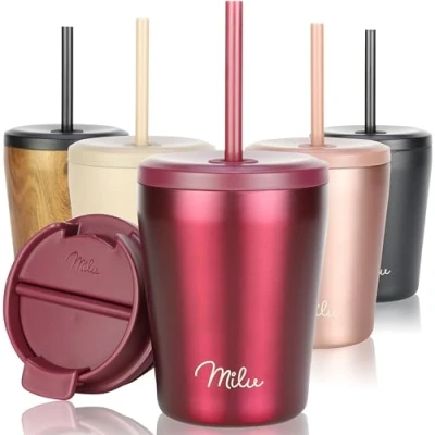 Abbildung von Milu Thermobecher 300ml 100% Auslaufsicher Edelstahl Kaffeebecher to go isoliert mit Strohhalm hält 10h heiß / 20h kalt, BPA frei (Berry, 300ml)