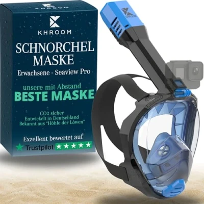 Abbildung von Khroom Schnorchelmaske Erwachsene Vollmaske In Höhle der Löwen vorgestellt Unsere Beste CO2 sichere Tauchermaske Seaview Pro zum Schnorcheln Vollgesichtsmaske (S/M Türkis+Case)