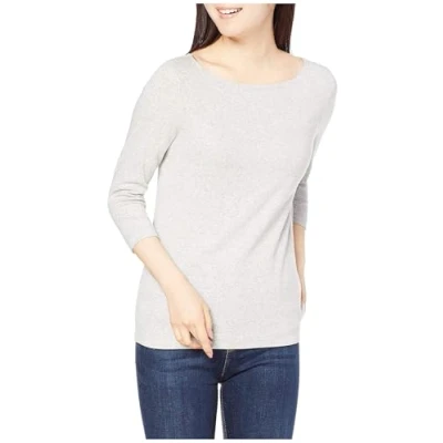 Abbildung von Amazon Essentials Damen T Shirt mit Bateau Ausschnitt und 3/4 Ärmeln in schmaler Passform, Hellgrau Meliert, L
