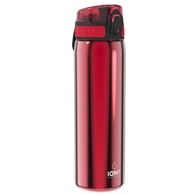 Abbildung von Ion8 Stahl Trinkflasche, 600 ml, Auslaufsicher, Einhandöffnung, Sichere Verriegelung, Spülmaschinenfest, Klappdeckel, Tragegriff, Leicht zu Reinigen, Langlebig, Metallisches Rot