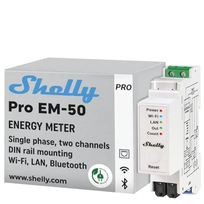 Abbildung von Shelly Pro EM 50A WLAN &amp; LAN 1 Phasen Energiemesser mit Schützsteuerung Leistungsmessung Hausautomation PV Systeme Alexa Google Home iOS Android App Kein Hub Erforderlich