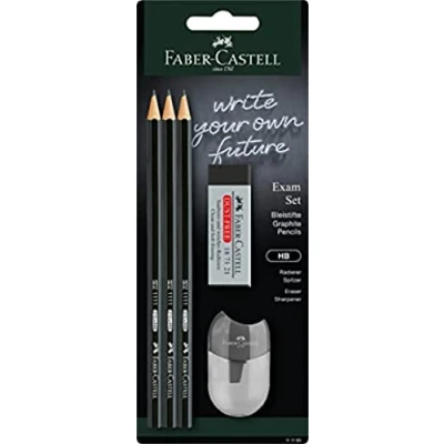 Abbildung von Faber Castell 111183 Bleistiftset Exam, mit drei Bleistiften 1111 Härtegrad HB, Spitzer und Radierer, Schwarz