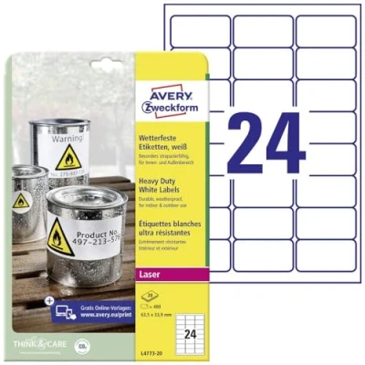 Abbildung von AVERY Zweckform L4773 20 Wetterfeste Folienetiketten (480 Klebeetiketten, 63,5x33,9mm auf A4, extrem stark selbstklebend, wasserfest, strapazierfähig, bedruckbare Outdoor Klebefolie) Blatt, weiß