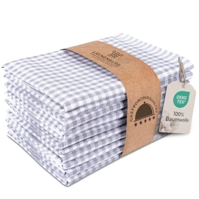 Abbildung von LAYNENBURG 10er Set Premium Geschirrtücher kariert 100% Baumwolle 45x65 cm &amp; Aufhänger Oeko TEX Standard 100 Küchentücher fusselfrei modern Vintage Küchenhandtücher (Grau)